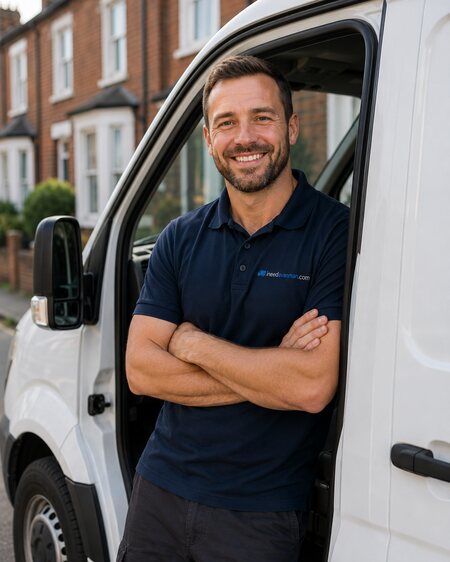 A van driver standing beside a white van